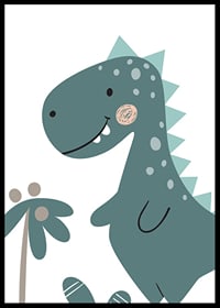 Illustrerad blågrön T-Rex med ljusa prickar och ryggtaggar-6