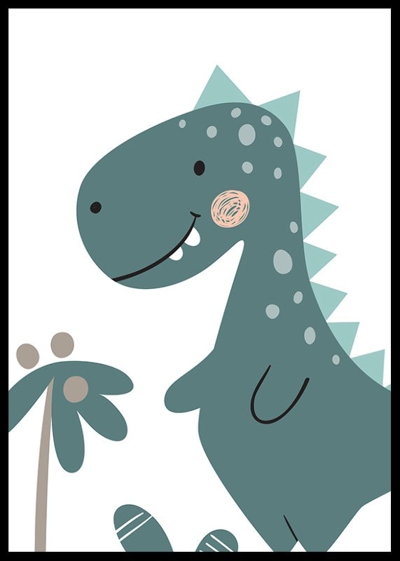 Illustrerad blågrön T-Rex med ljusa prickar och ryggtaggar-12