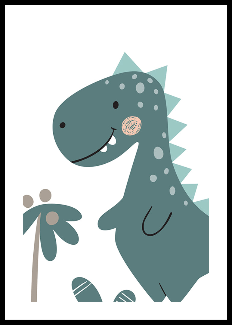 Illustrerad blågrön T-Rex med ljusa prickar och ryggtaggar-12