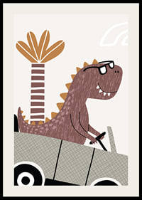 Illustrated brown dinosaur with glasses driving a car in front of palm tree-2