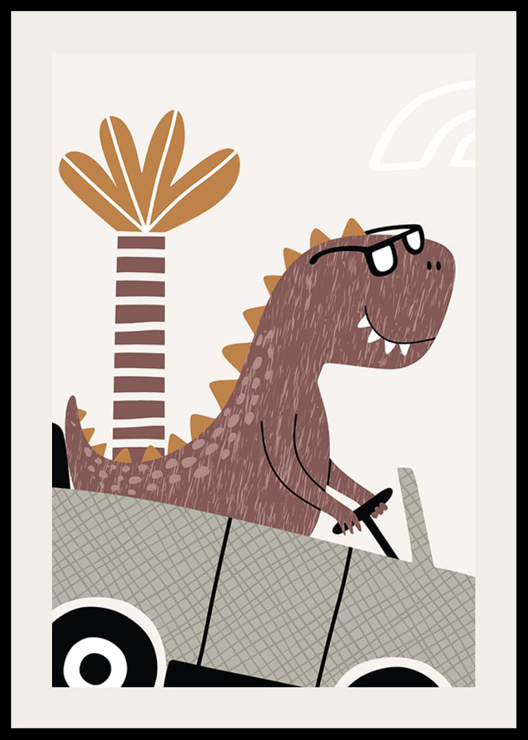 Illustrerad brun dinosaurie med glasögon kör bil framför palm-12
