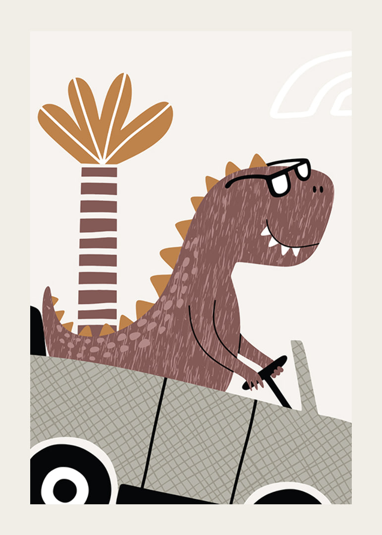 Illustrated brown dinosaur with glasses driving a car in front of palm tree-12