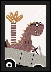 Illustrerad brun dinosaurie med glasögon kör bil framför palm-4