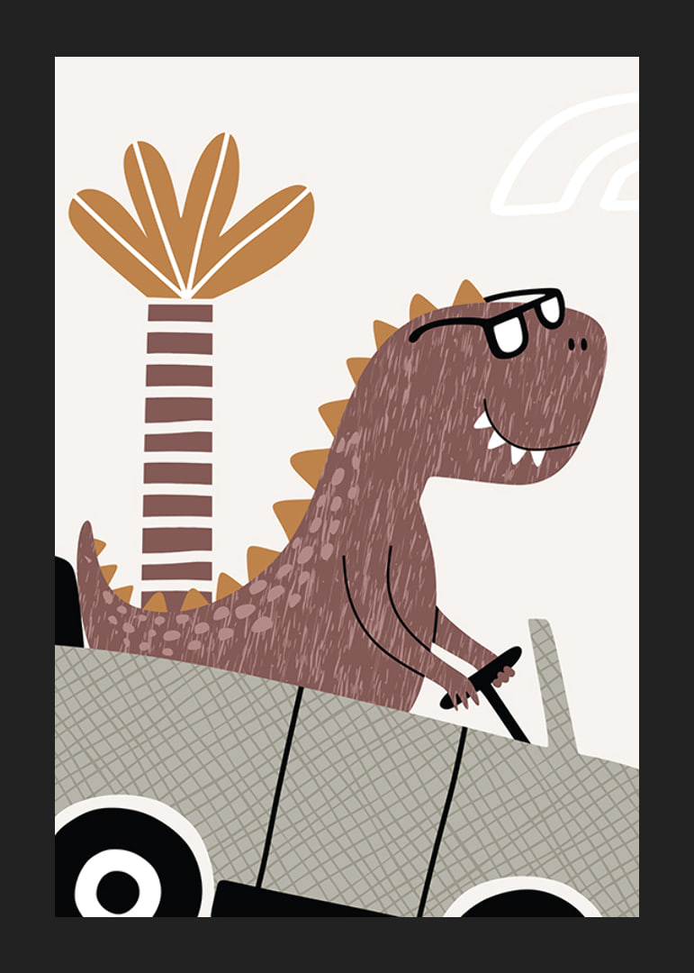 Illustrated brown dinosaur with glasses driving a car in front of palm tree-12