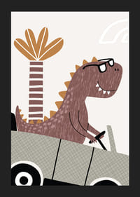 Illustrerad brun dinosaurie med glasögon kör bil framför palm-5