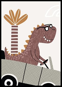 Illustrated brown dinosaur with glasses driving a car in front of palm tree-6