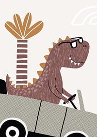 Illustrated brown dinosaur with glasses driving a car in front of palm tree-7