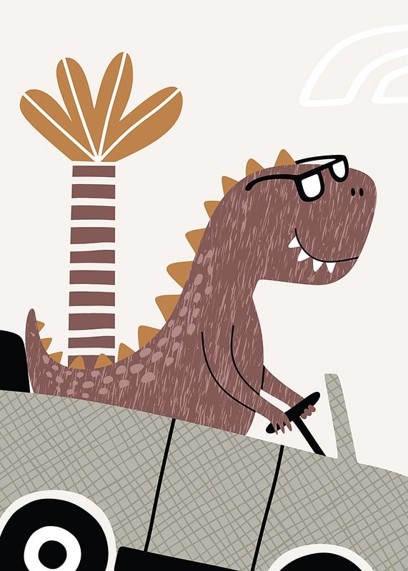 Illustrated brown dinosaur with glasses driving a car in front of palm tree-12