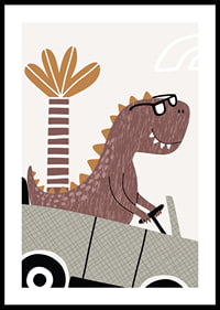 Illustrated brown dinosaur with glasses driving a car in front of palm tree-0