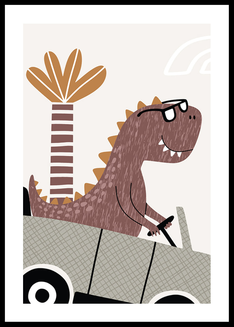 Illustrated brown dinosaur with glasses driving a car in front of palm tree-12