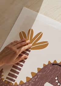 Illustrated brown dinosaur with glasses driving a car in front of palm tree-9
