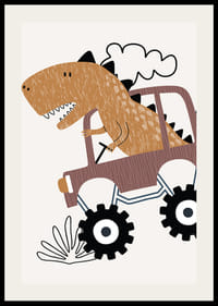 Illustrated brown dinosaur driving jeep over bumpy ground-2