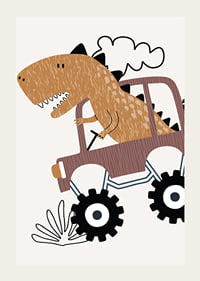 Illustrated brown dinosaur driving jeep over bumpy ground-3