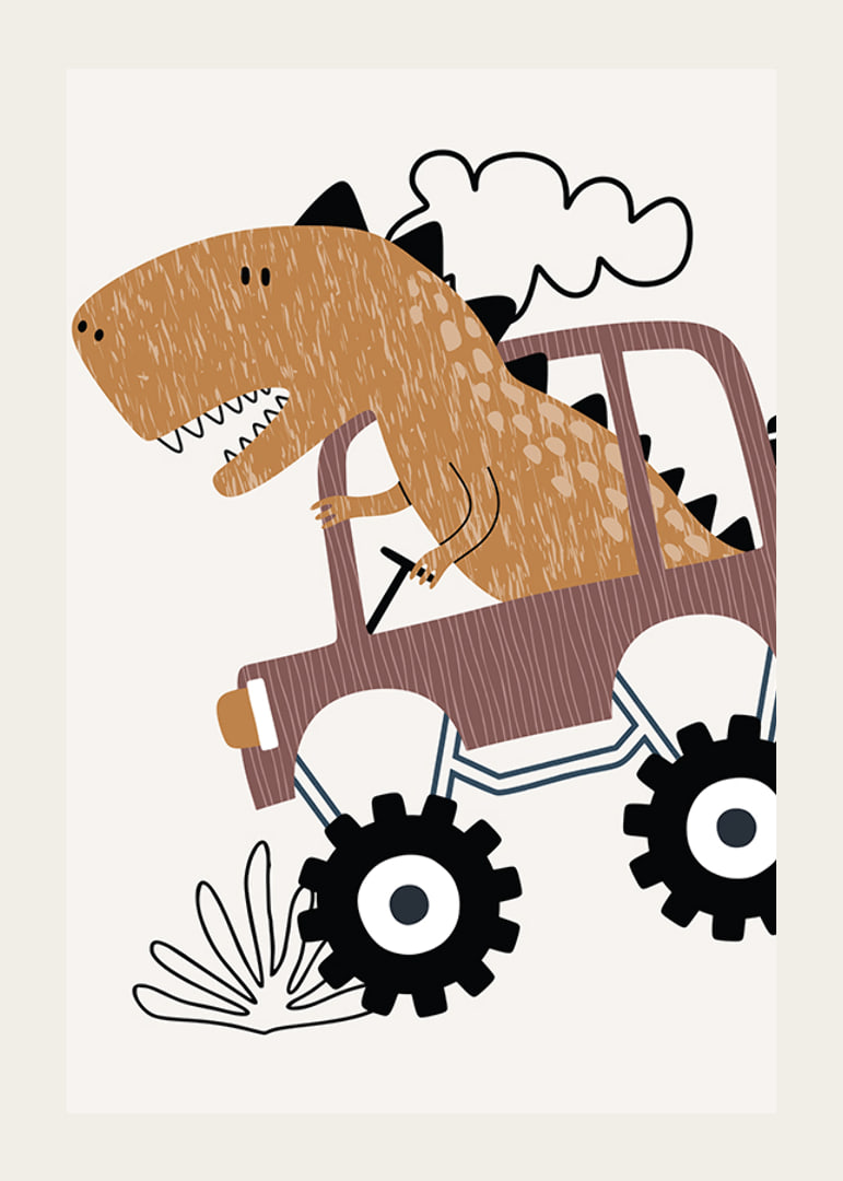 Illustrated brown dinosaur driving jeep over bumpy ground-12