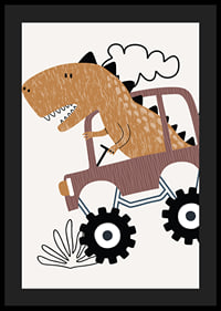 Illustrated brown dinosaur driving jeep over bumpy ground-4