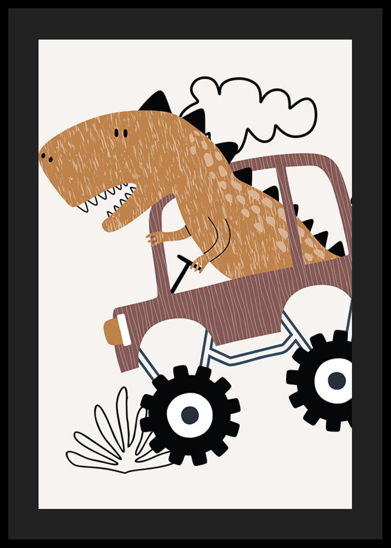 Illustrated brown dinosaur driving jeep over bumpy ground-12