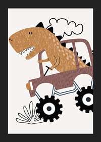 Illustrated brown dinosaur driving jeep over bumpy ground-5