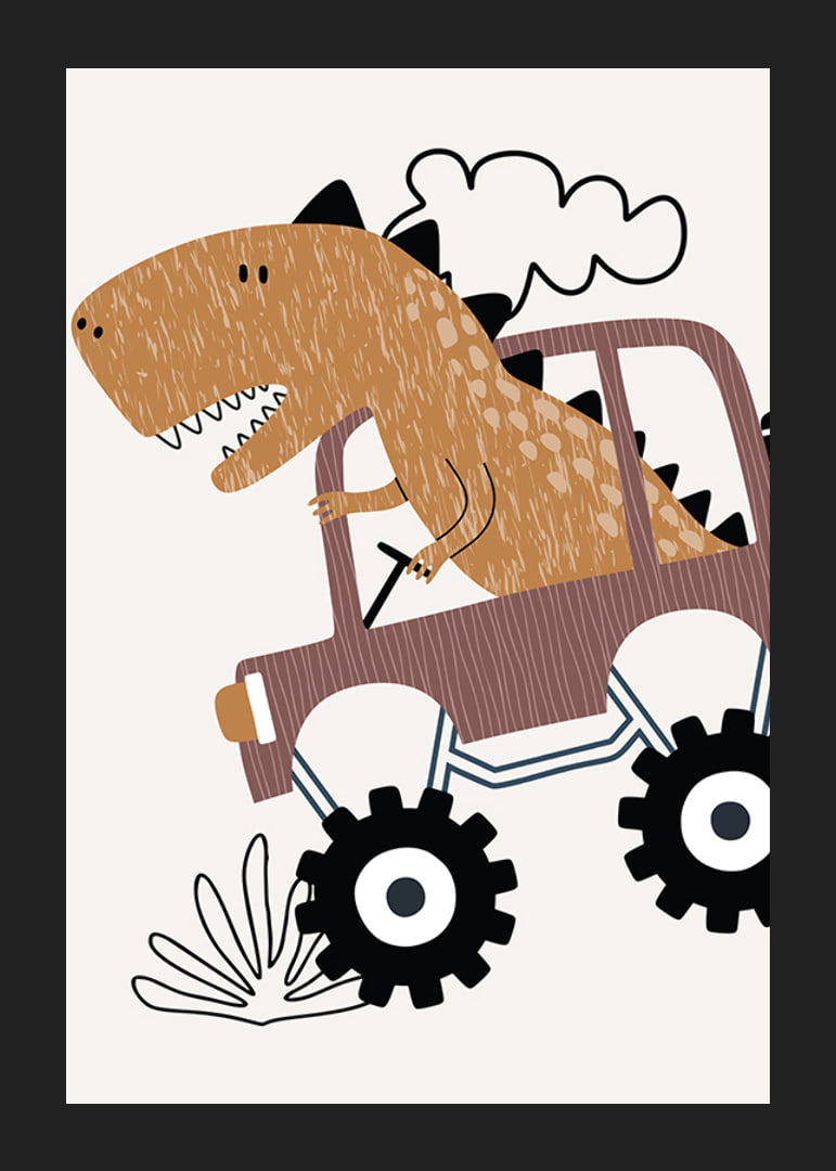 Illustrated brown dinosaur driving jeep over bumpy ground-12