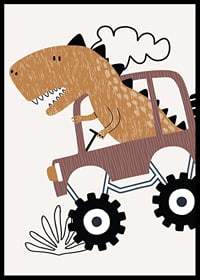 Illustrated brown dinosaur driving jeep over bumpy ground-6