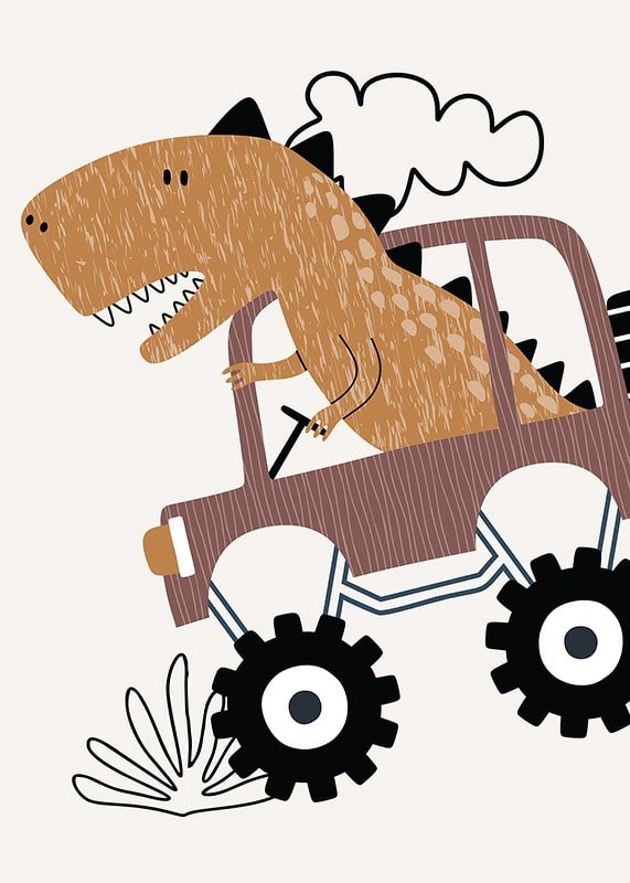 Illustrated brown dinosaur driving jeep over bumpy ground-12