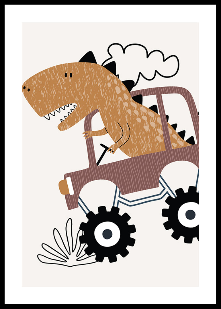 Illustrated brown dinosaur driving jeep over bumpy ground-12