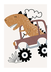 Illustrated brown dinosaur driving jeep over bumpy ground-1