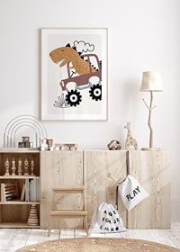 Illustrated brown dinosaur driving jeep over bumpy ground-8