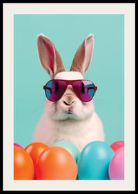 Wit konijn met zonnebril tussen kleurrijke paaseieren, turquoise achtergrond-2