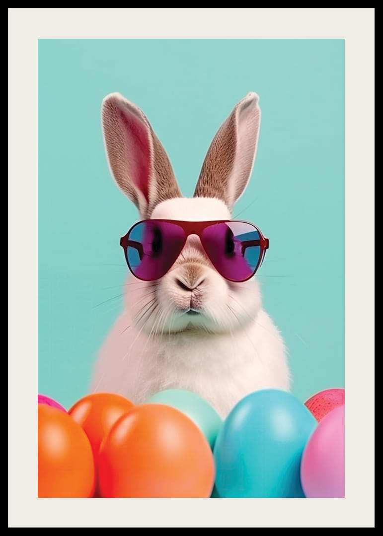 Wit konijn met zonnebril tussen kleurrijke paaseieren, turquoise achtergrond-12