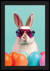 Wit konijn met zonnebril tussen kleurrijke paaseieren, turquoise achtergrond-4