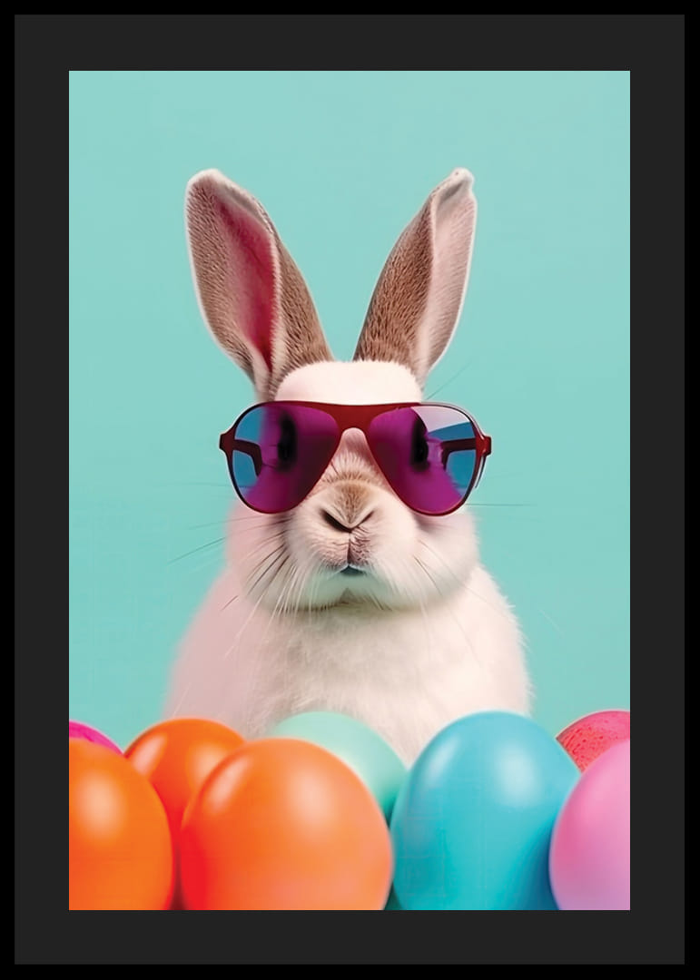 Wit konijn met zonnebril tussen kleurrijke paaseieren, turquoise achtergrond-12