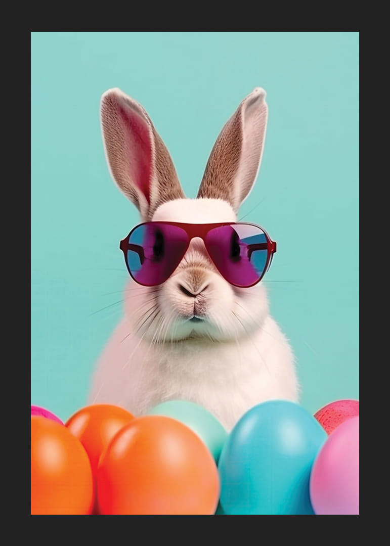 Wit konijn met zonnebril tussen kleurrijke paaseieren, turquoise achtergrond-12