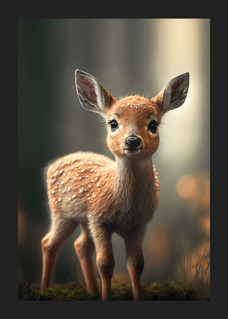 Illustreret hjortekalv med store øjne mod blød baggrund-12