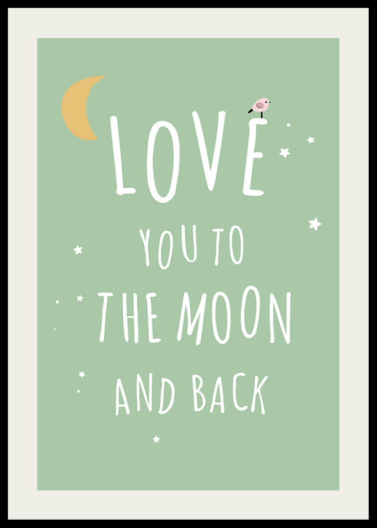 Text illustration with moon, stars and little bird on green background-12