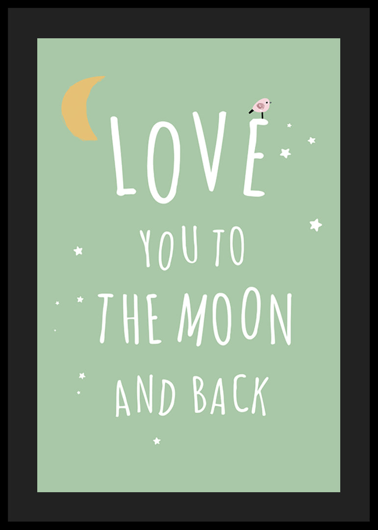 Text illustration with moon, stars and little bird on green background-12