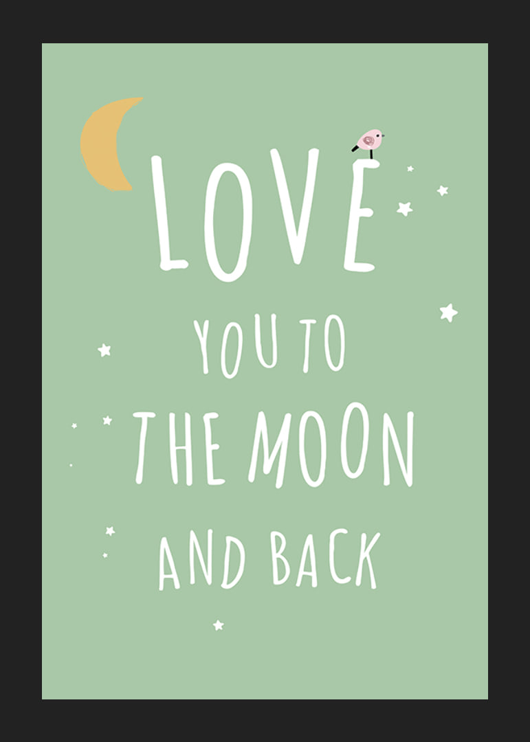 Text illustration with moon, stars and little bird on green background-12