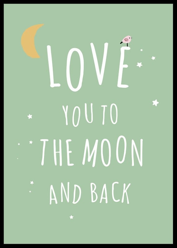 Text illustration with moon, stars and little bird on green background-12