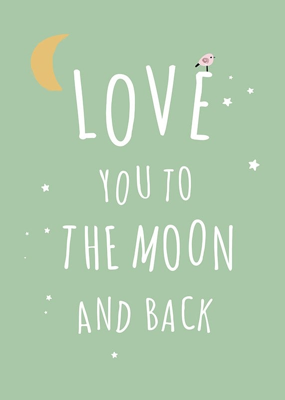 Text illustration with moon, stars and little bird on green background-12
