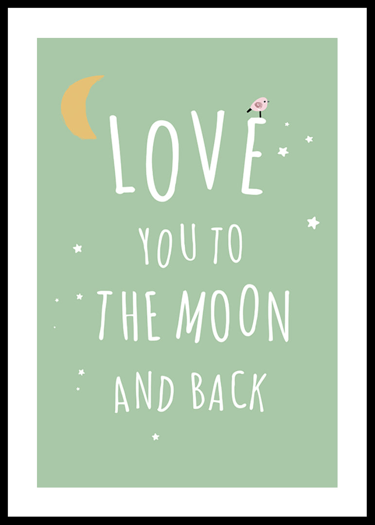 Text illustration with moon, stars and little bird on green background-12