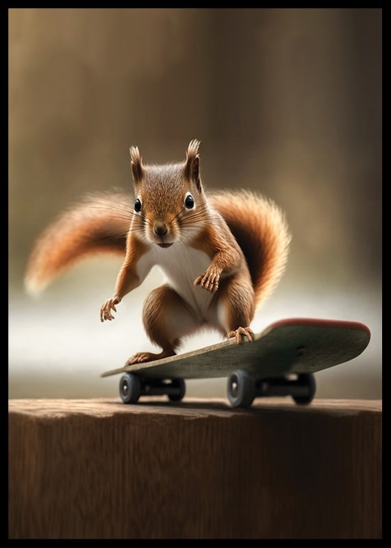 Illustrerad ekorre på skateboard med suddig bakgrund-12