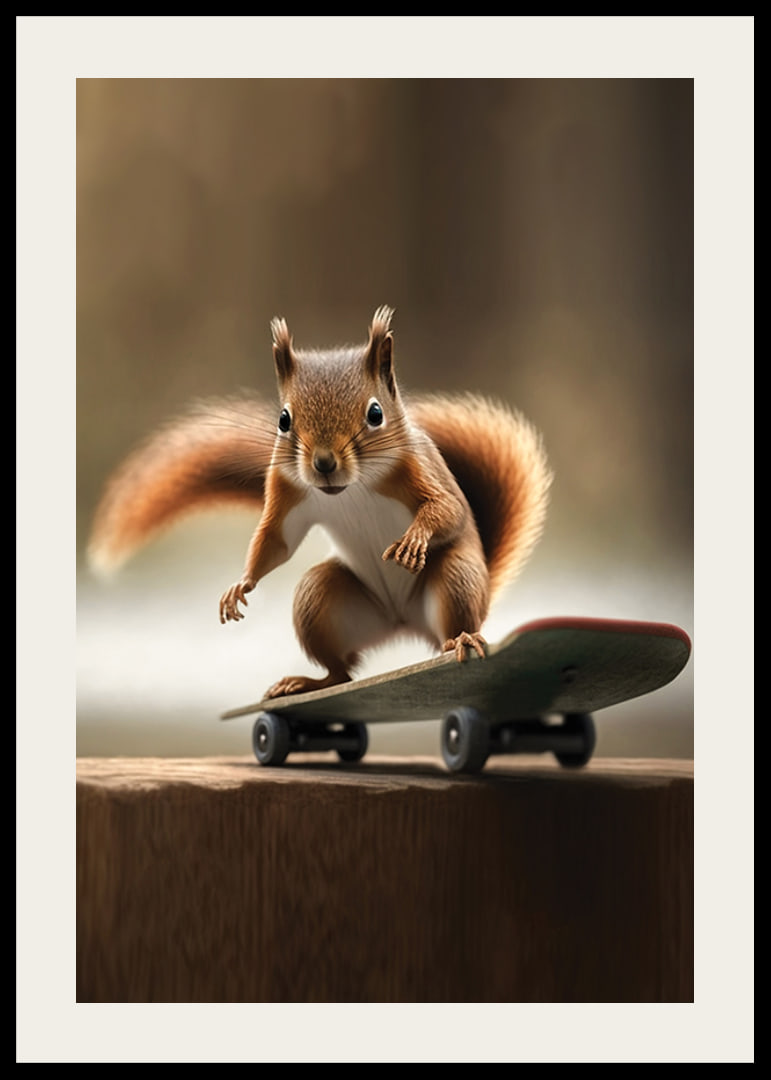 Illustrerad ekorre på skateboard med suddig bakgrund-12