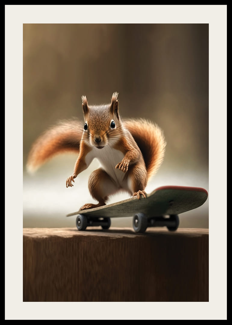 Illustriertes Eichhörnchen auf Skateboard mit unscharfem Hintergrund-12