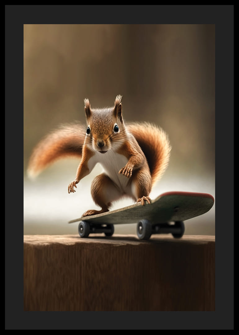 Illustriertes Eichhörnchen auf Skateboard mit unscharfem Hintergrund-12