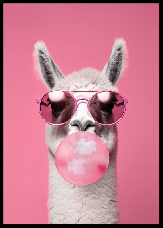 Illustrated llama with pink sunglasses and bubble gum-12