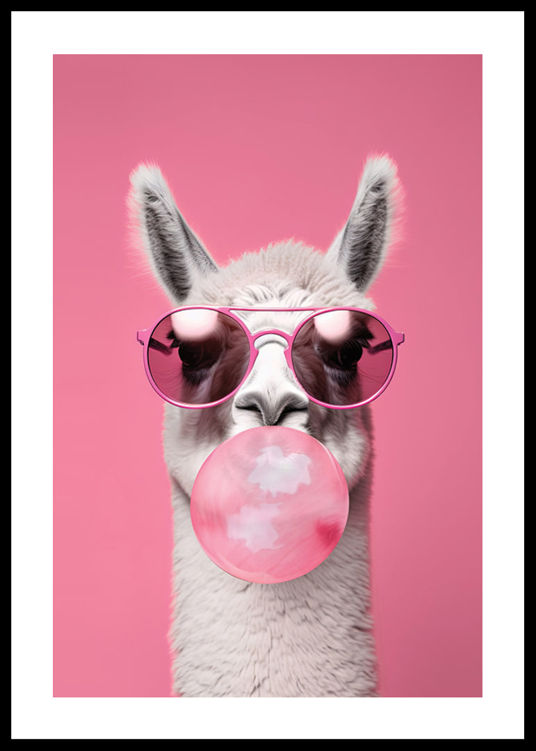 Illustrated llama with pink sunglasses and bubble gum-12