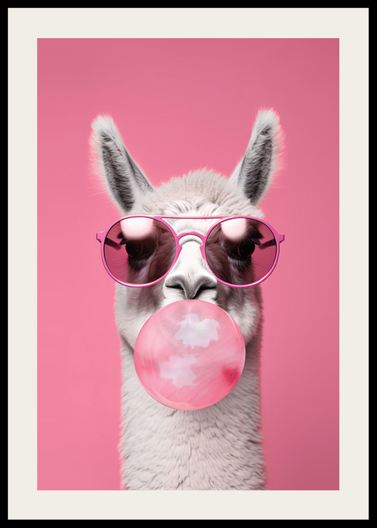 Illustrated llama with pink sunglasses and bubble gum-12