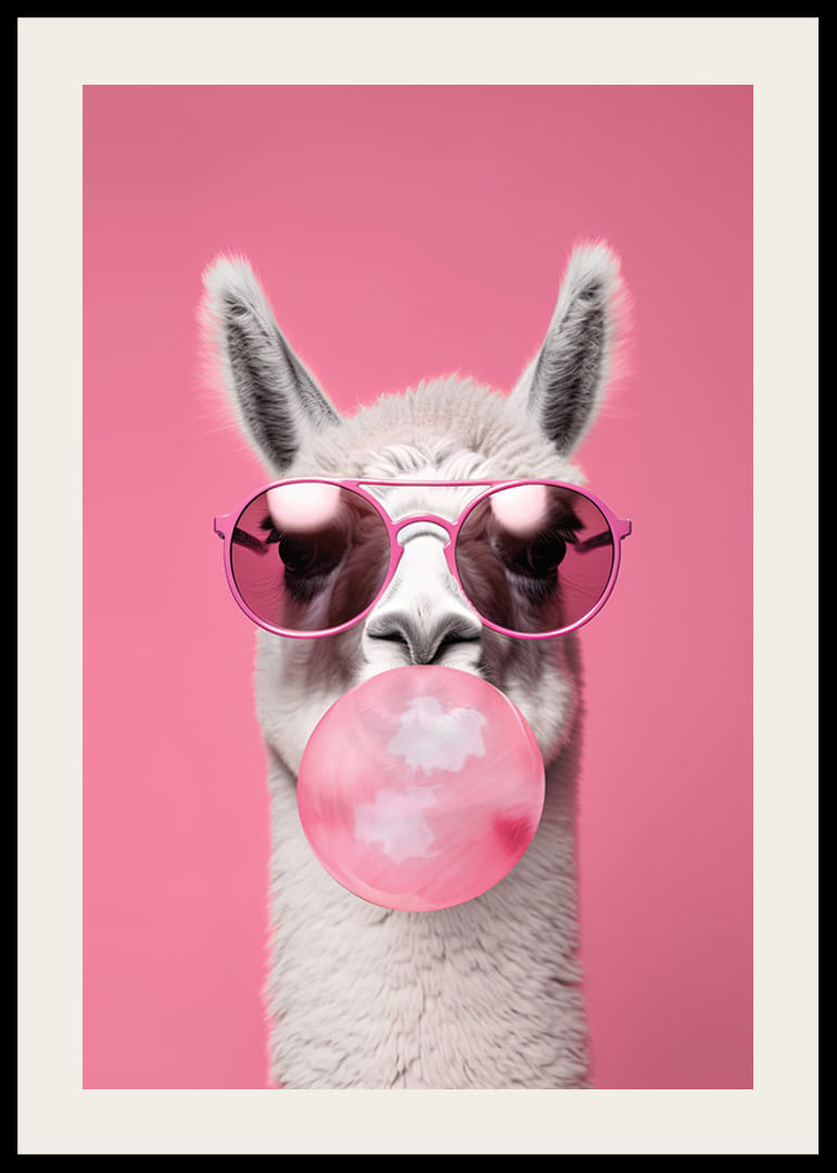 Illustrated llama with pink sunglasses and bubble gum-12