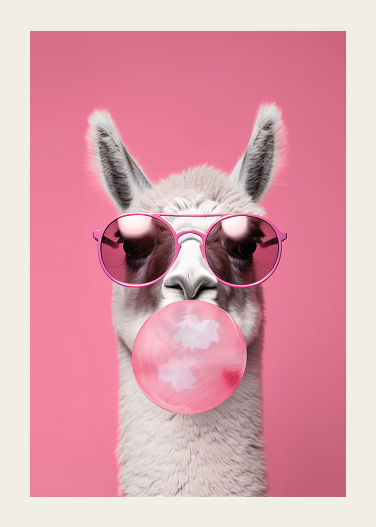 Illustrated llama with pink sunglasses and bubble gum-12