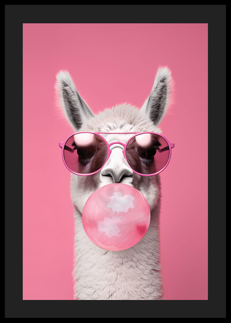 Illustrated llama with pink sunglasses and bubble gum-12