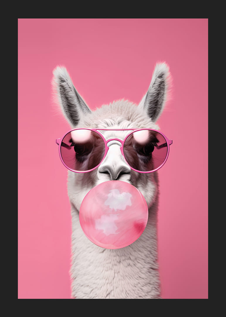 Illustrated llama with pink sunglasses and bubble gum-12